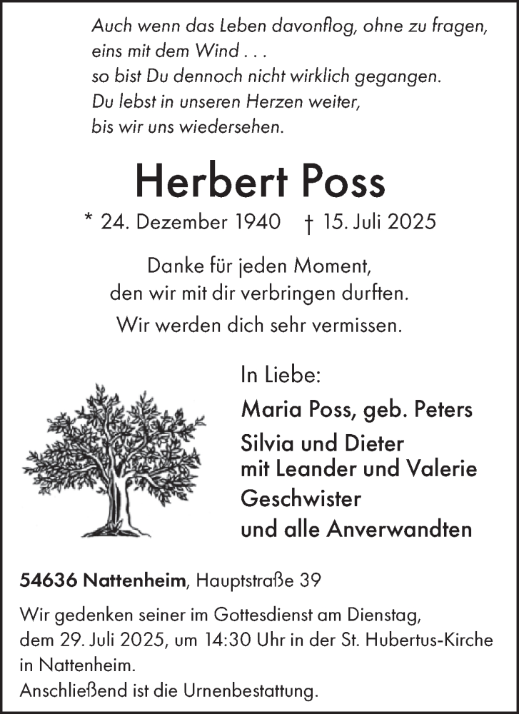  Traueranzeige für Herbert Poss vom 25.07.2025 aus WochenSpiegel