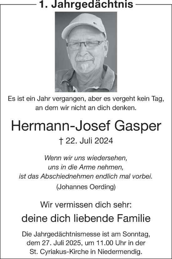 Traueranzeige von Hermann-Josef Gasper von WochenSpiegel