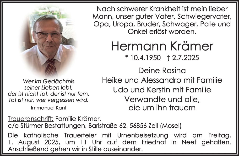  Traueranzeige für Hermann Krämer vom 09.07.2025 aus WochenSpiegel