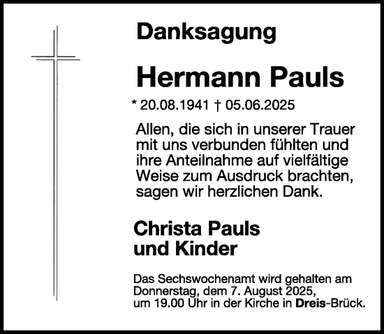 Traueranzeige von Hermann Pauls von WochenSpiegel