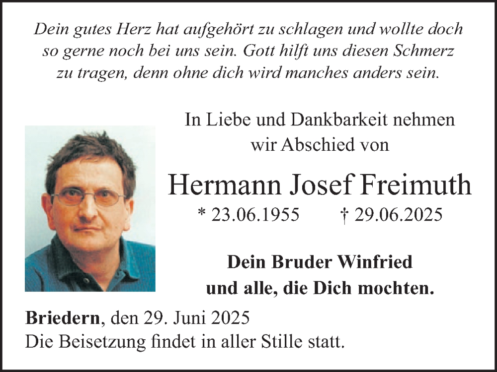 Traueranzeige für Hermann Josef Freimuth vom 09.07.2025 aus WochenSpiegel