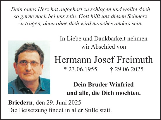 Traueranzeige von Hermann Josef Freimuth von WochenSpiegel