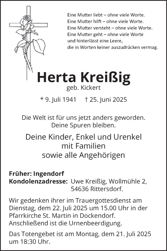 Traueranzeige von Herta Kreißig von WochenSpiegel