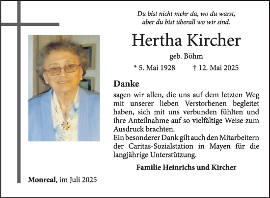 Traueranzeige von Hertha Kircher von WochenSpiegel