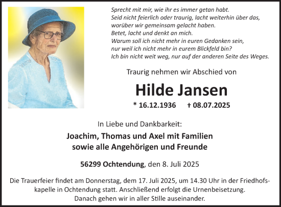 Traueranzeige von Hilde Jansen von WochenSpiegel