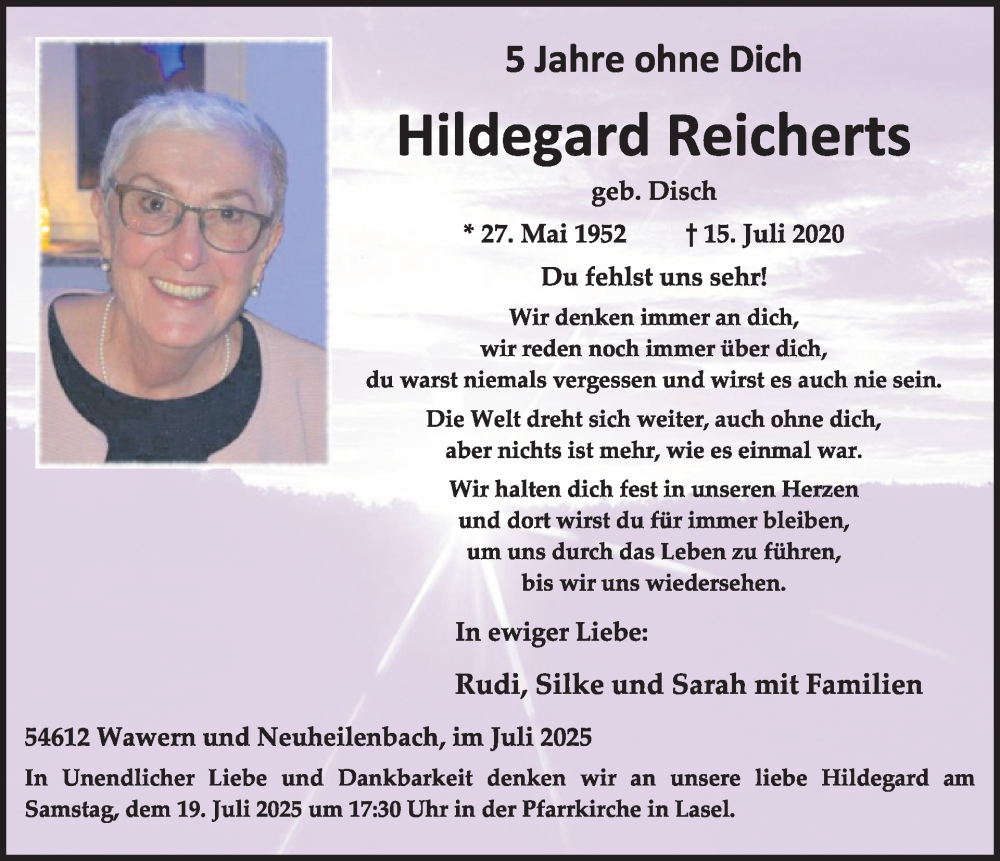  Traueranzeige für Hildegard Reicherts vom 11.07.2025 aus WochenSpiegel