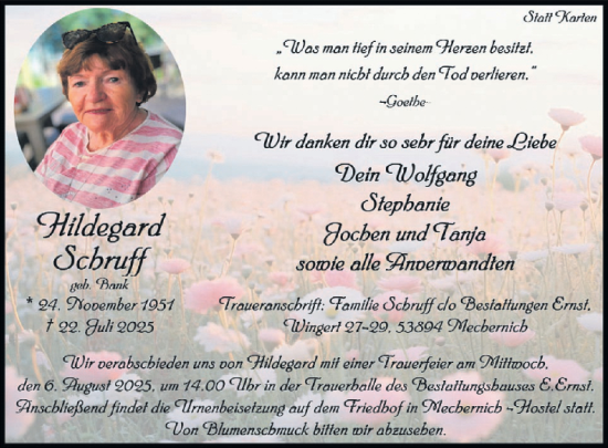 Traueranzeige von Hildegard Schruff von WochenSpiegel