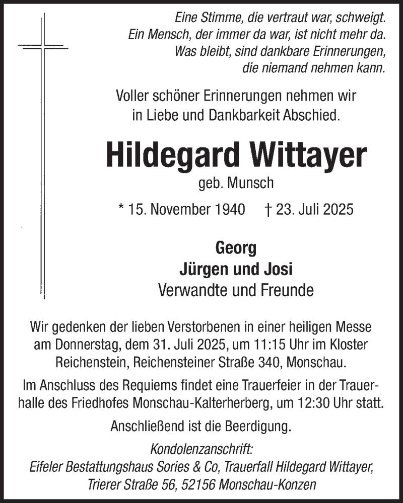  Traueranzeige für Hildegard Wittayer vom 30.07.2025 aus WochenSpiegel