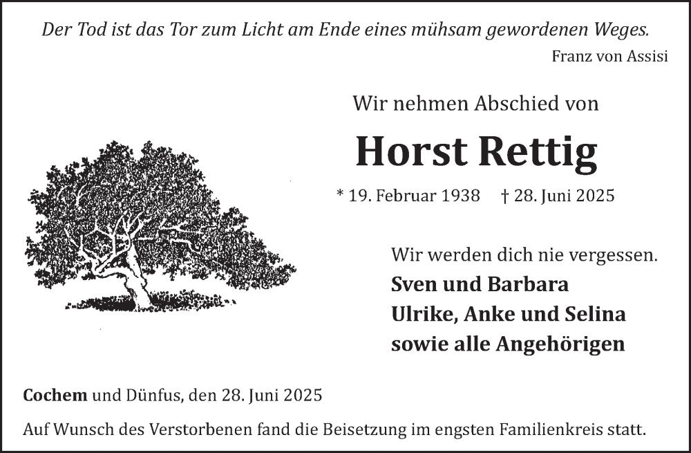  Traueranzeige für Horst Rettig vom 16.07.2025 aus WochenSpiegel