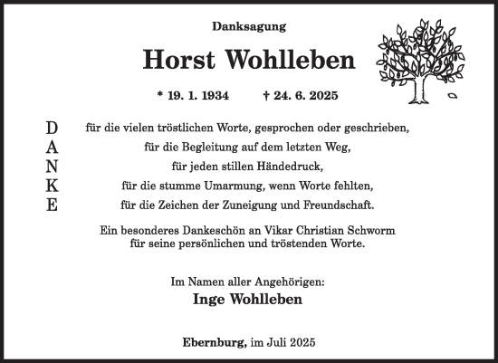 Traueranzeige von Horst Wohlleben von WochenSpiegel