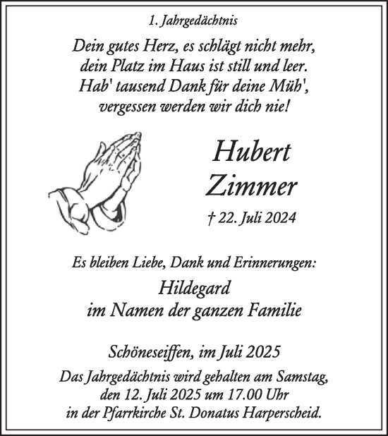 Traueranzeige von Hubert Zimmer von WochenSpiegel
