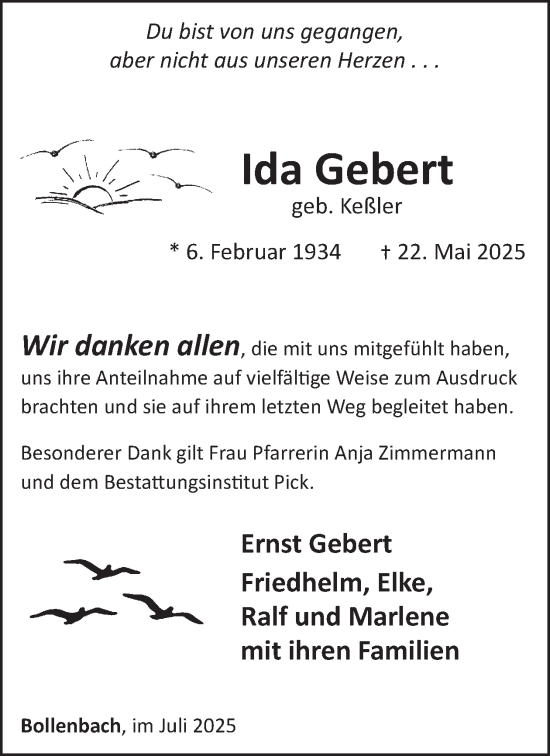 Traueranzeige von Ida Gebert von WochenSpiegel