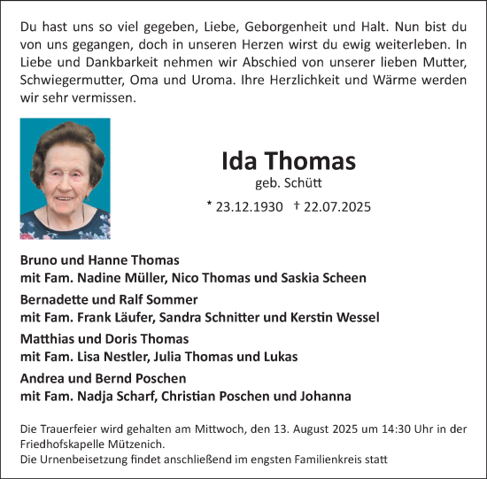 Traueranzeige von Ida Thomas von WochenSpiegel