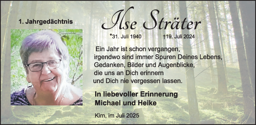  Traueranzeige für Ilse Sträter vom 19.07.2025 aus WochenSpiegel