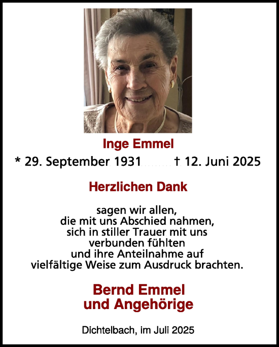 Traueranzeige von Inge Emmel von WochenSpiegel