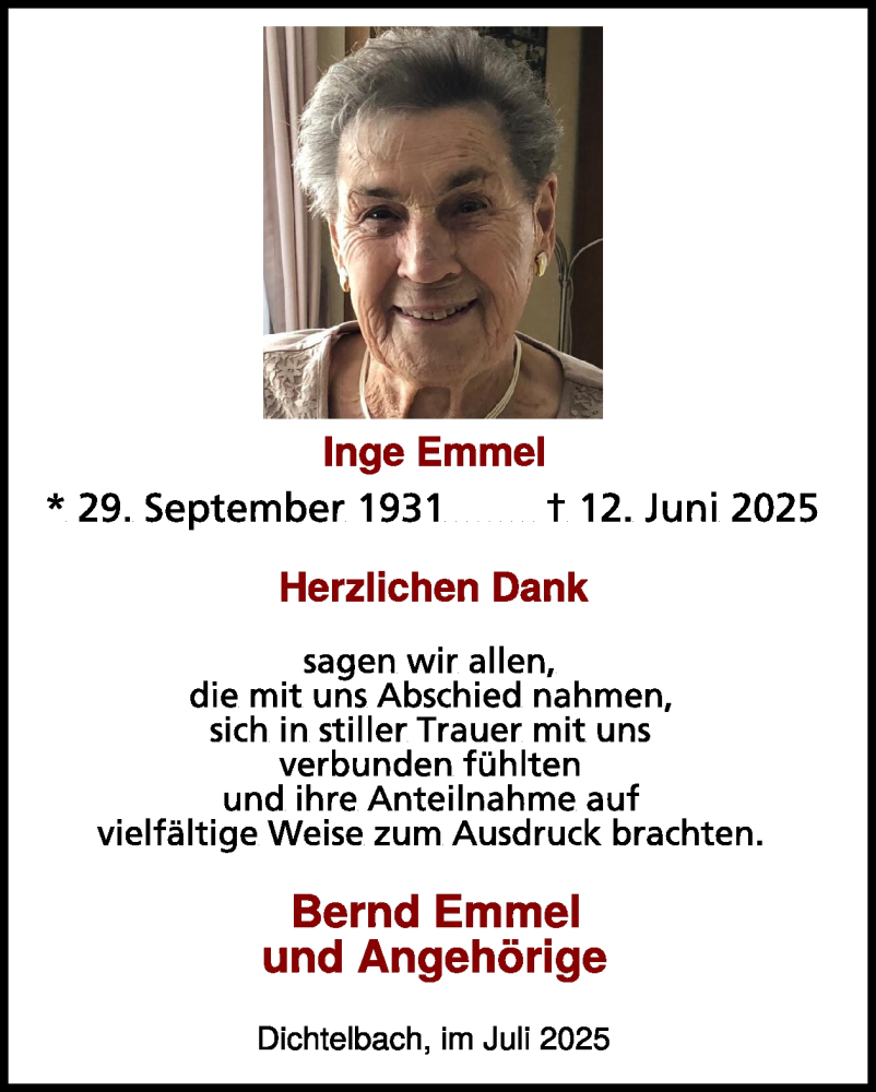  Traueranzeige für Inge Emmel vom 12.07.2025 aus WochenSpiegel