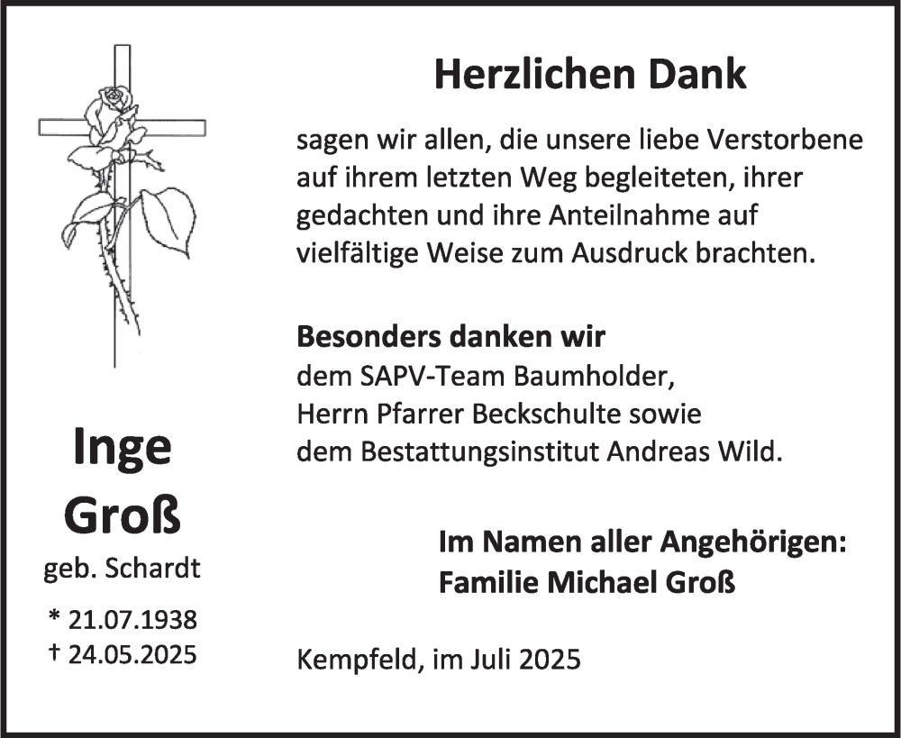 Traueranzeige für Inge Groß vom 05.07.2025 aus WochenSpiegel