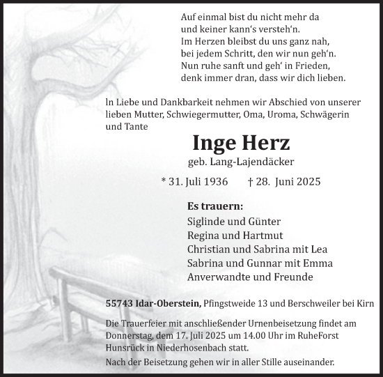 Traueranzeige von Inge Herz von WochenSpiegel