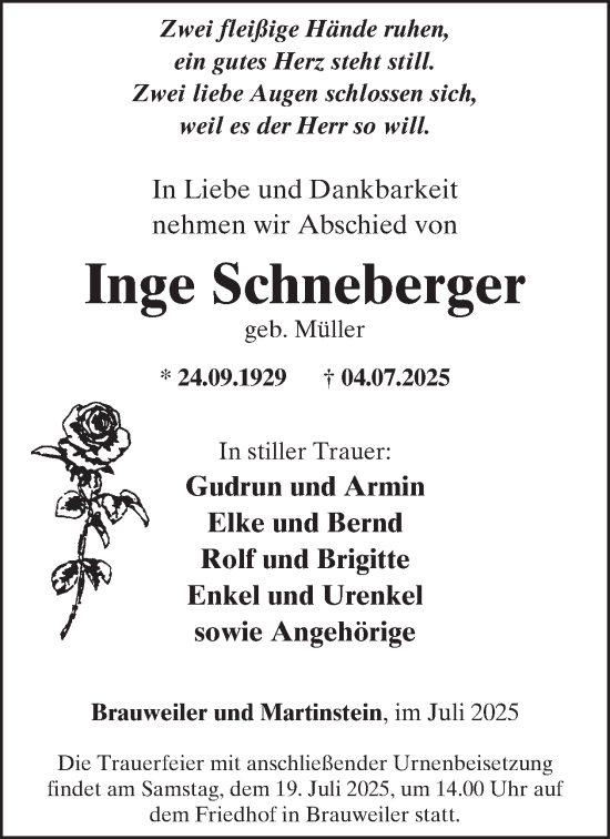 Traueranzeige von Inge Schneberger von WochenSpiegel