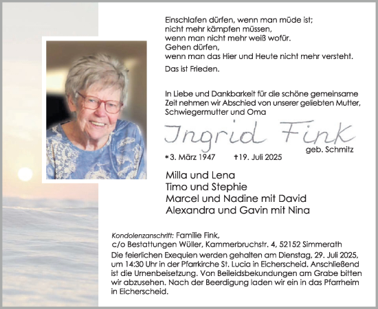 Traueranzeige von Ingrid Fink von WochenSpiegel