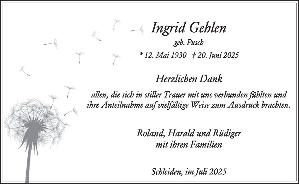  Traueranzeige für Ingrid Geblen vom 02.07.2025 aus WochenSpiegel