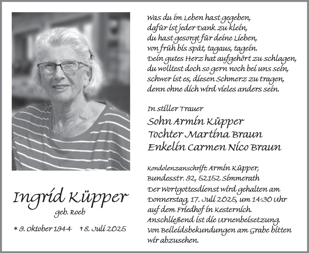  Traueranzeige für Ingrid Küpper vom 09.07.2025 aus WochenSpiegel