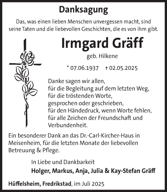 Traueranzeige von Irmgard Gräff von WochenSpiegel