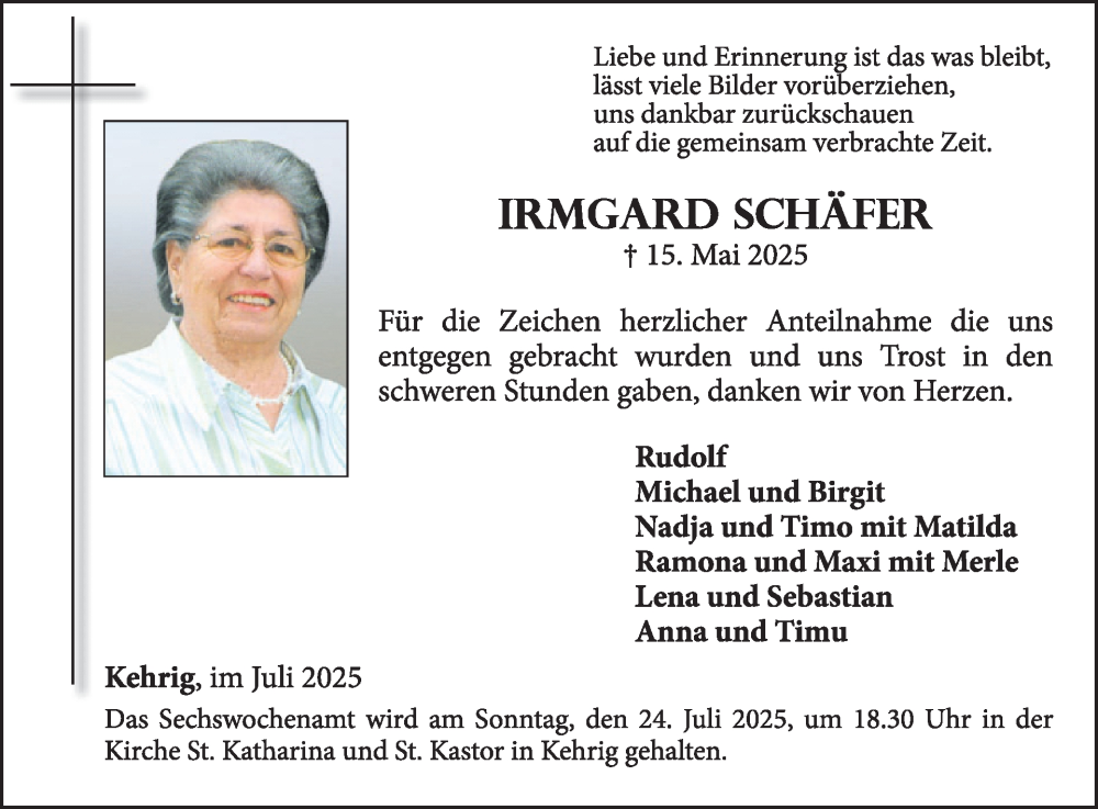  Traueranzeige für Irmgard Schäfer vom 16.07.2025 aus WochenSpiegel