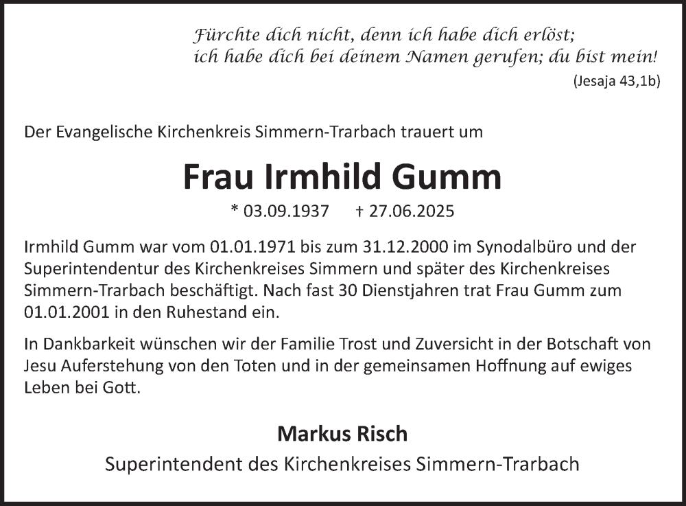  Traueranzeige für Irmhild Gumm vom 19.07.2025 aus WochenSpiegel