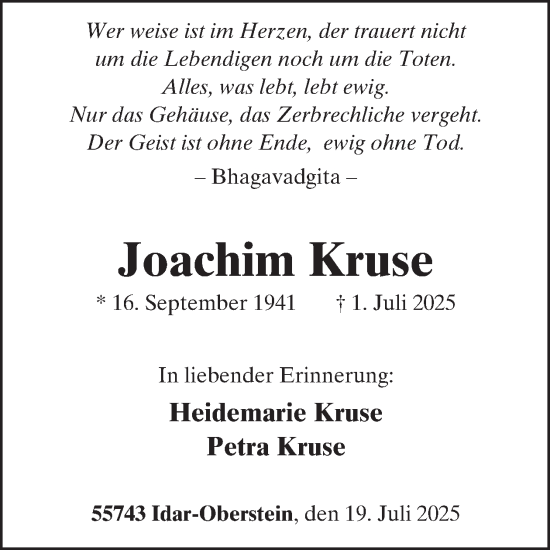 Traueranzeige von Joachim Kruse von WochenSpiegel