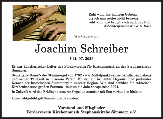 Traueranzeige von Joachim Schreiber von WochenSpiegel