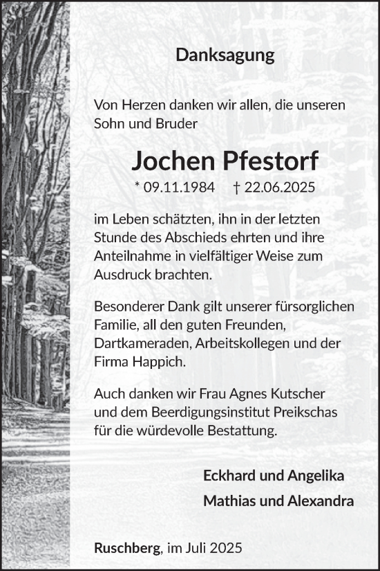 Traueranzeige von Jochen Pfestorf von WochenSpiegel