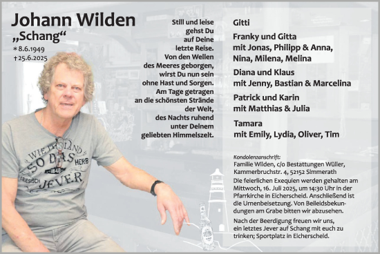 Traueranzeige von Johann Wilden von WochenSpiegel