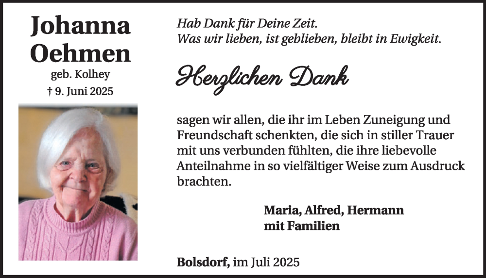  Traueranzeige für Johanna Oehmen vom 12.07.2025 aus WochenSpiegel