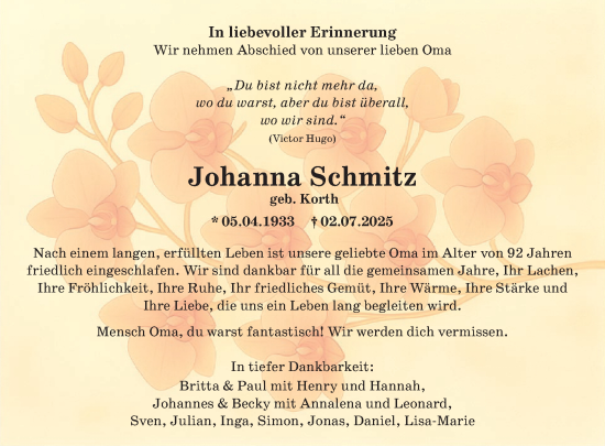 Traueranzeige von Johanna Schmitz von WochenSpiegel