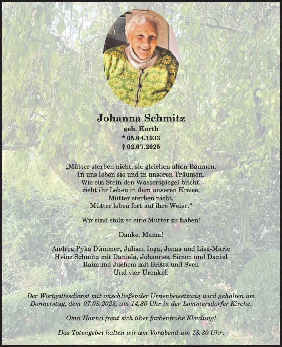 Traueranzeige von Johanna Schmitz von WochenSpiegel