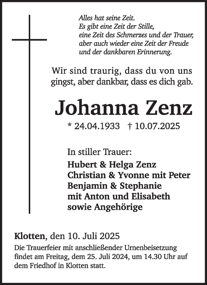  Traueranzeige für Johanna Zenz vom 16.07.2025 aus WochenSpiegel