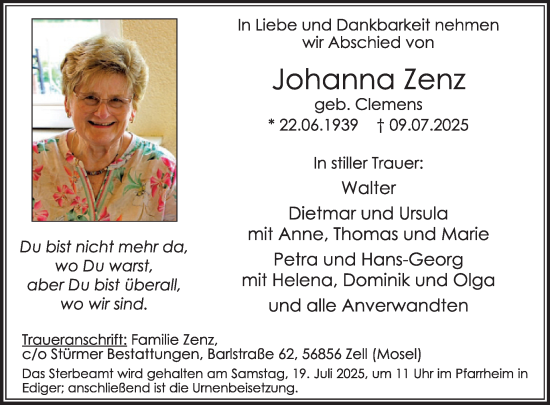 Traueranzeige von Johanna Zenz von WochenSpiegel