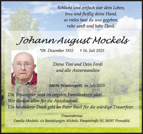 Traueranzeige von Johann August Mockels von WochenSpiegel