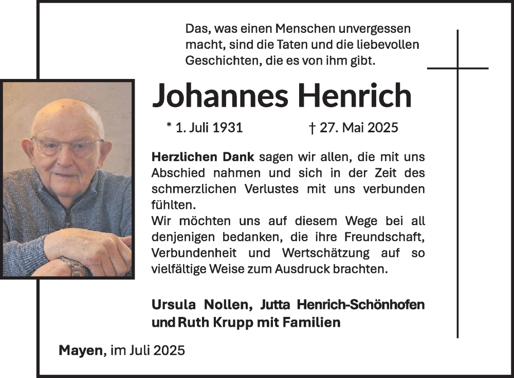  Traueranzeige für Johannes Henrich vom 09.07.2025 aus WochenSpiegel