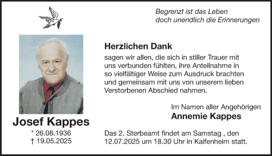 Traueranzeige von Josef Kappes von WochenSpiegel