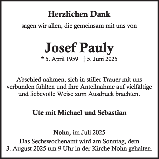 Traueranzeige von Josef Pauly von WochenSpiegel