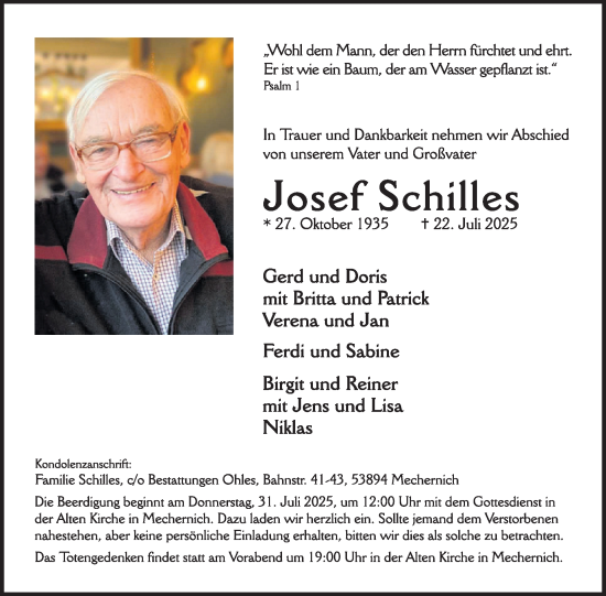 Traueranzeige von Josef Schilles von WochenSpiegel