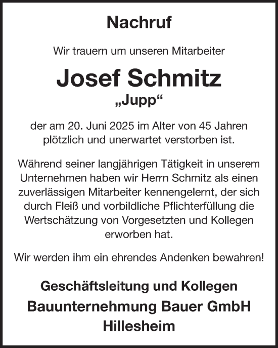 Traueranzeige von Josef Schmitz von WochenSpiegel