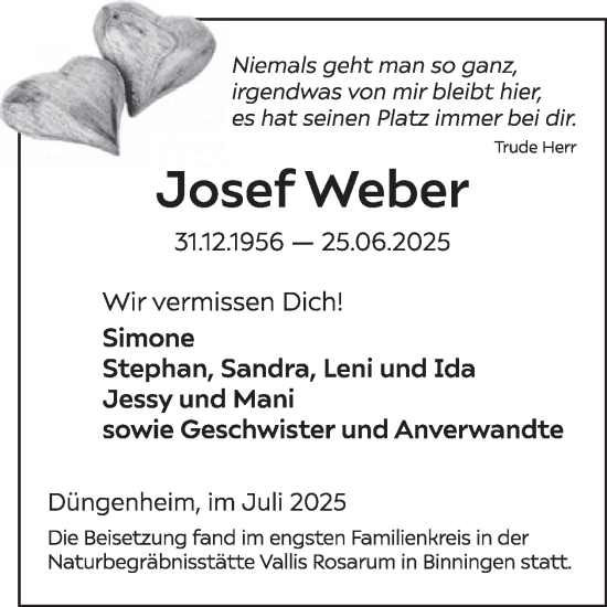 Traueranzeige von Josef Weber von WochenSpiegel