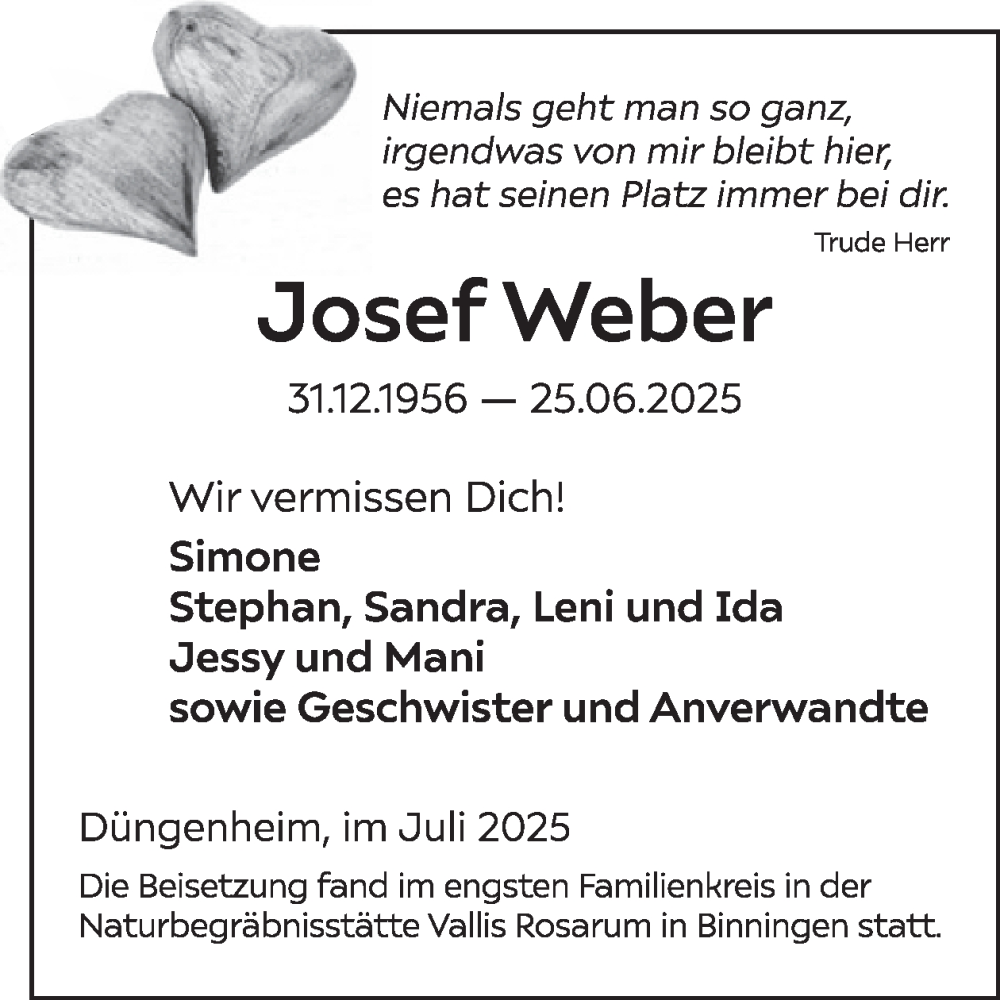  Traueranzeige für Josef Weber vom 16.07.2025 aus WochenSpiegel