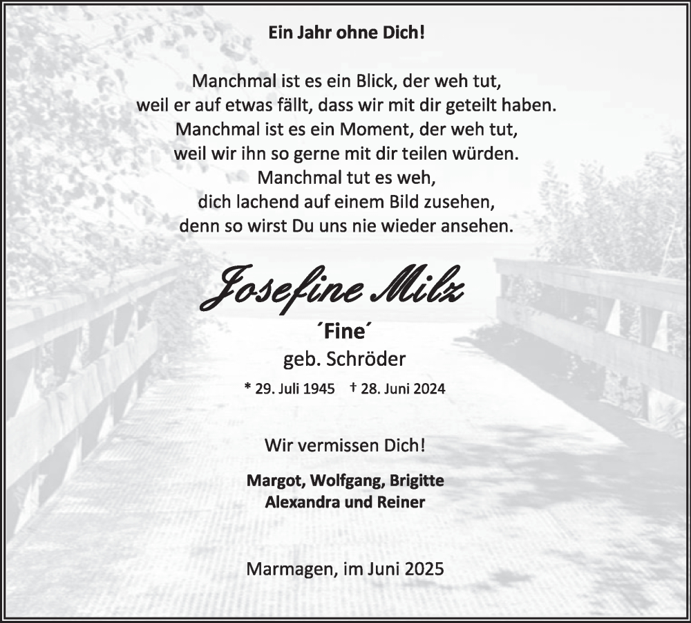 Traueranzeige für Josefine Milz vom 02.07.2025 aus WochenSpiegel