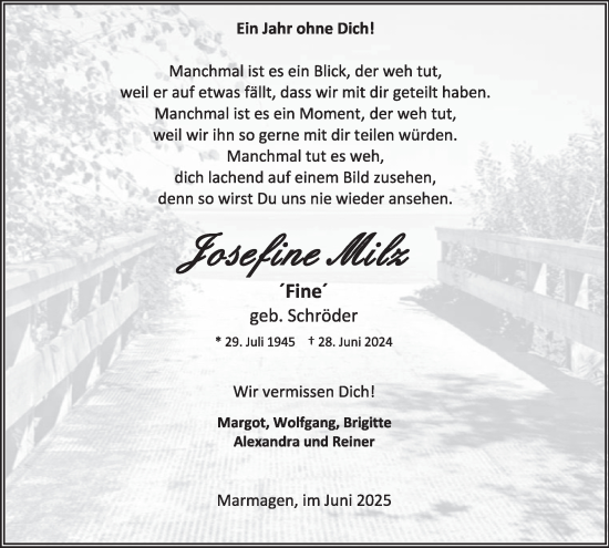 Traueranzeige von Josefine Milz von WochenSpiegel