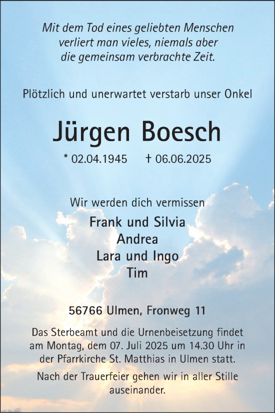 Traueranzeige von Jürgen Boesch von WochenSpiegel