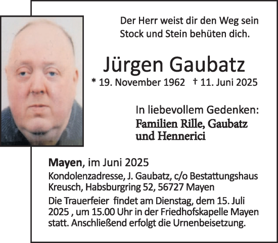 Traueranzeige von Jürgen Gaubatz von WochenSpiegel